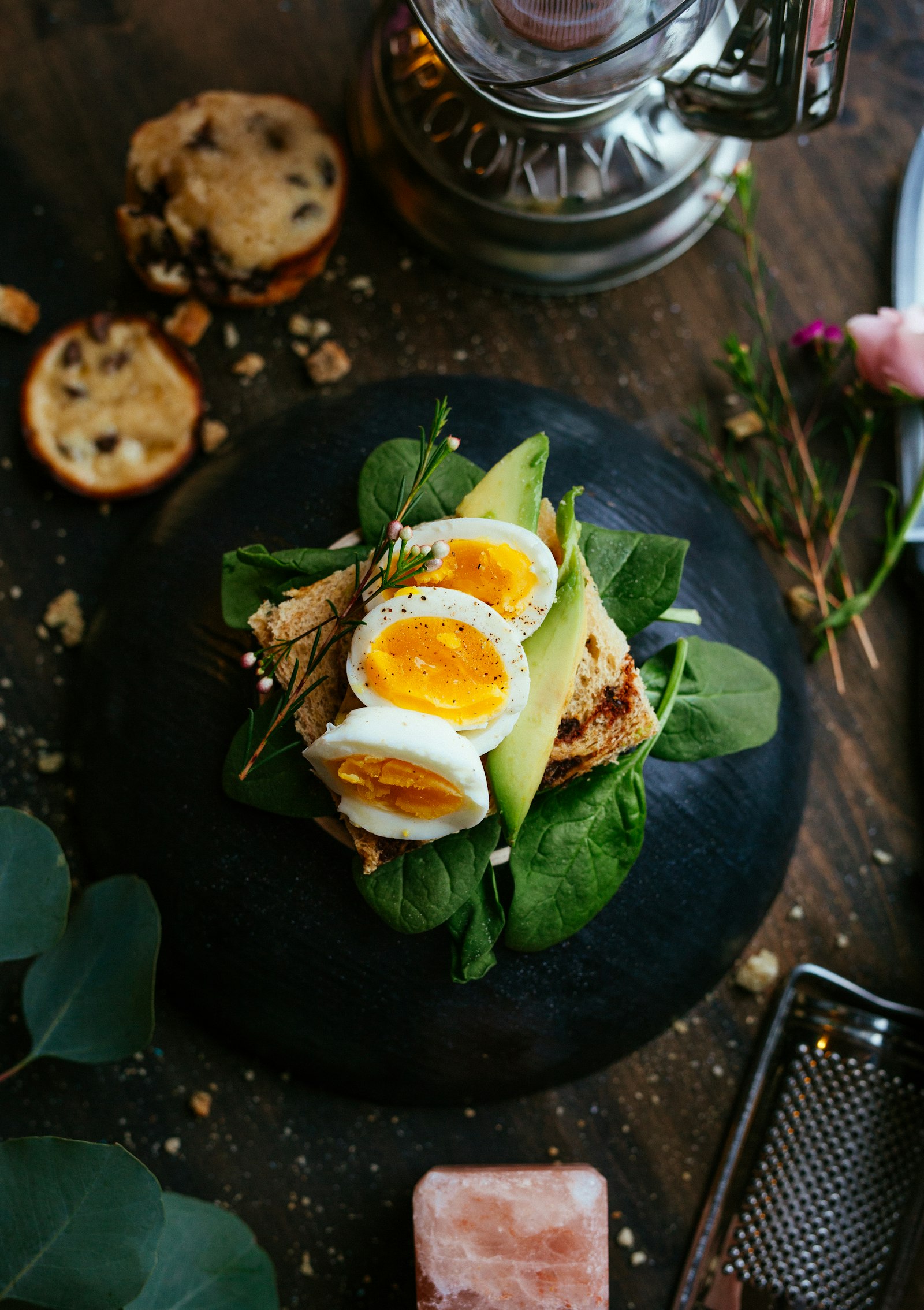 Soft-boiled eggs on rye with avocado